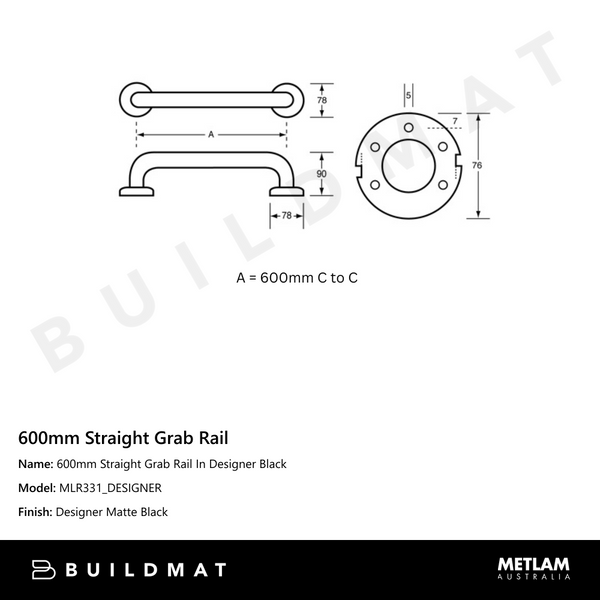 Metlam 600mm Straight Grab Rail In Designer Black