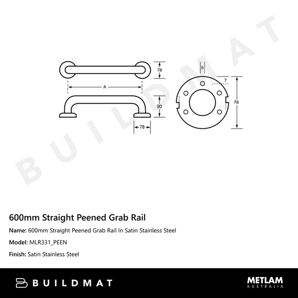 Metlam 600mm Straight Peened Grab Rail In Satin Stainless Steel