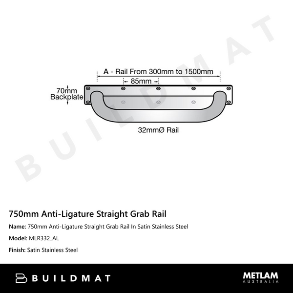 Metlam 750mm Anti-Ligature Straight Grab Rail In Satin Stainless Steel