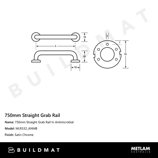 Metlam 750mm Straight Grab Rail In Antimicrobial