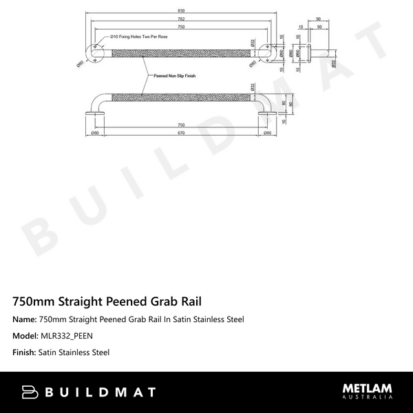 Metlam 750mm Straight Peened Grab Rail In Satin Stainless Steel