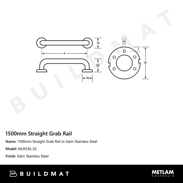 Metlam 1500mm Straight Grab Rail In Satin Stainless Steel
