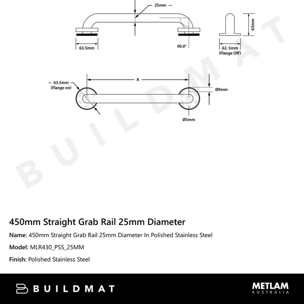 Metlam 450mm Straight Grab Rail 25mm Diameter In Polished Stainless Steel