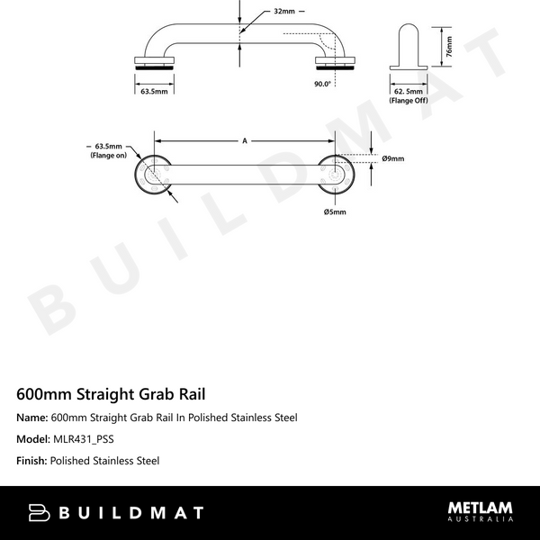 Metlam 600mm Straight Grab Rail In Polished Stainless Steel
