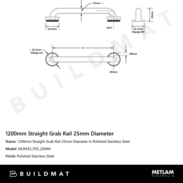 Metlam 1200mm Straight Grab Rail 25mm Diameter In Polished Stainless Steel