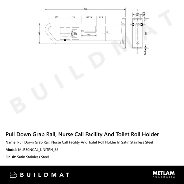 Metlam Pull Down Grab Rail, Nurse Call Facility And Toilet Roll Holder In Satin Stainless Steel