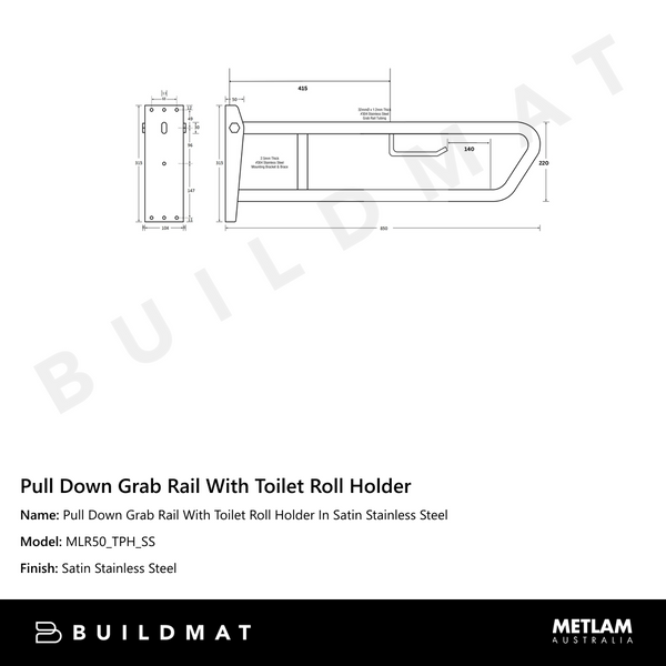 Metlam Pull Down Grab Rail With Toilet Roll Holder In Satin Stainless Steel