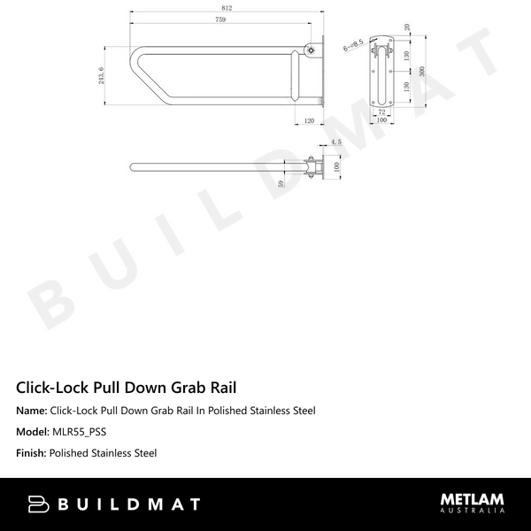 Metlam Click-Lock Pull Down Grab Rail In Polished Stainless Steel