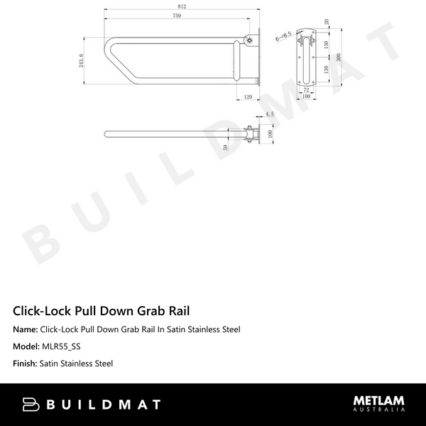 Metlam Click-Lock Pull Down Grab Rail In Satin Stainless Steel