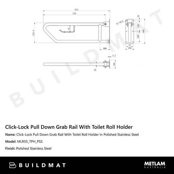 Metlam Click-Lock Pull Down Grab Rail With Toilet Roll Holder In Polished Stainless Steel