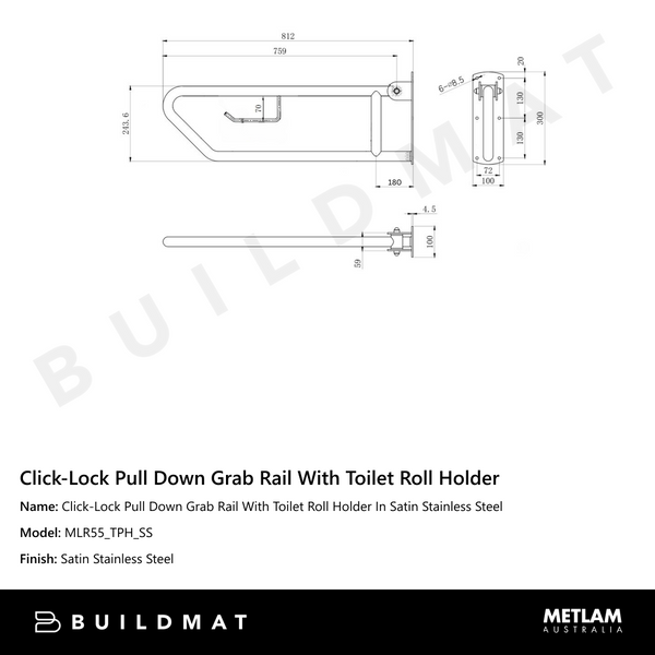 Metlam Click-Lock Pull Down Grab Rail With Toilet Roll Holder In Satin Stainless Steel