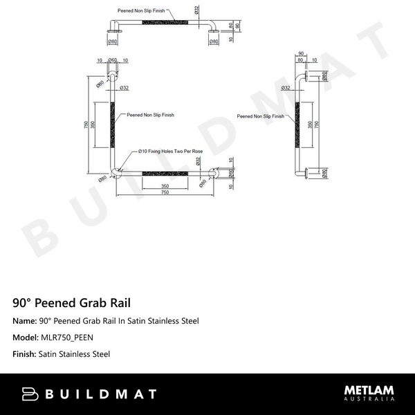 Metlam 90 Degree Peened Grab Rail In Satin Stainless Steel