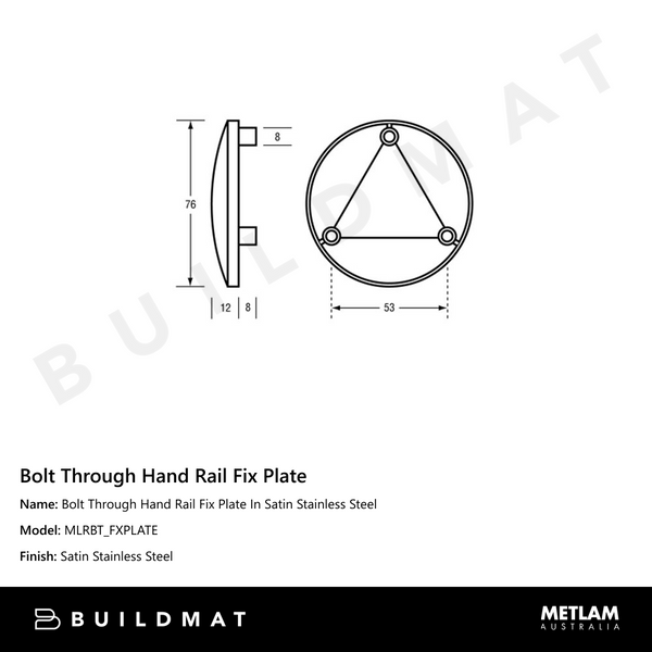 Metlam Bolt Through Hand Rail Fix Plate In Satin Stainless Steel