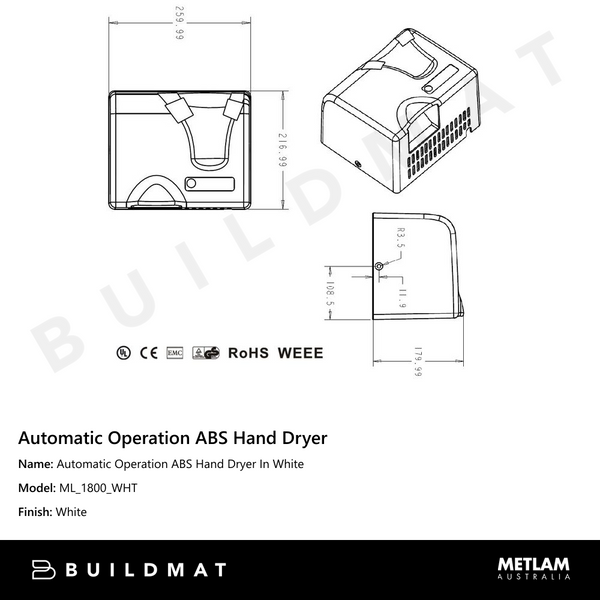 Metlam Automatic Operation ABS Hand Dryer In White