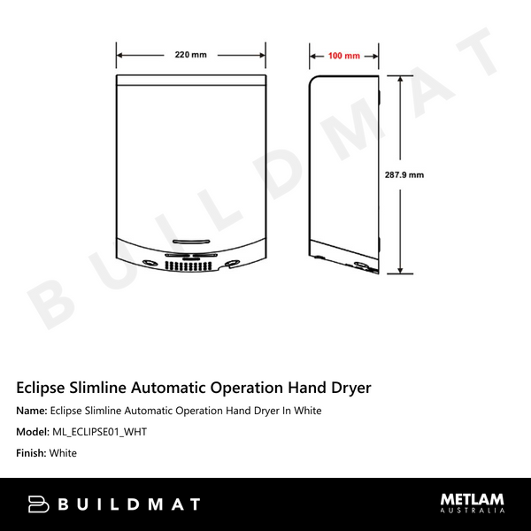 Metlam Eclipse Slimline Automatic Operation Hand Dryer In White