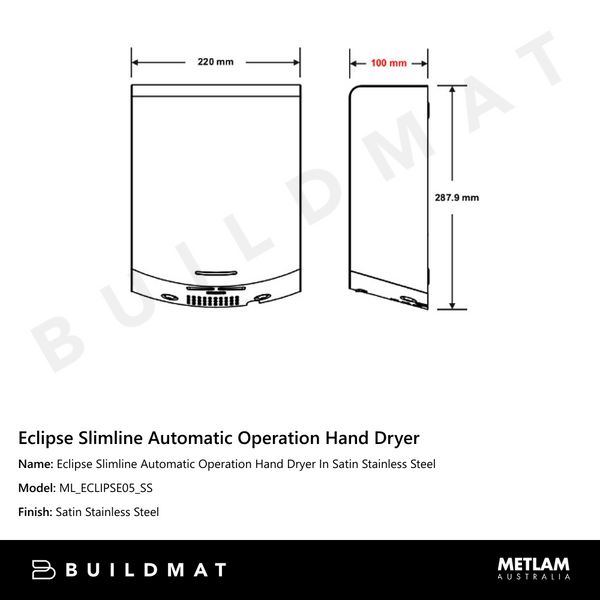 Metlam Eclipse Slimline Automatic Operation Hand Dryer In Satin Stainless Steel