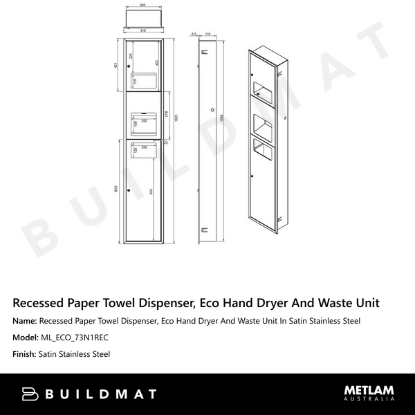 Metlam Recessed Paper Towel Dispenser, Eco Hand Dryer And Waste Unit Receptacle In Satin Stainless Steel