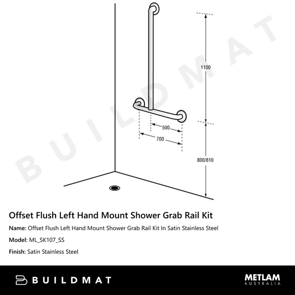 Metlam Offset Flush Left Hand Mount Shower Grab Rail Kit In Satin Stainless Steel