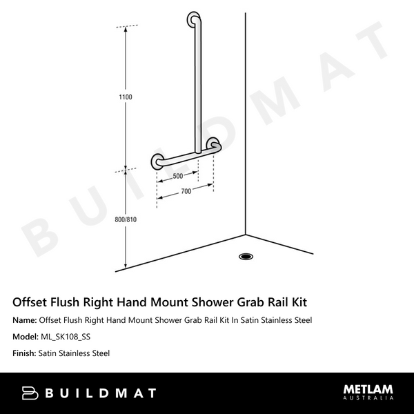 Metlam Offset Flush Right Hand Mount Shower Grab Rail Kit In Satin Stainless Steel