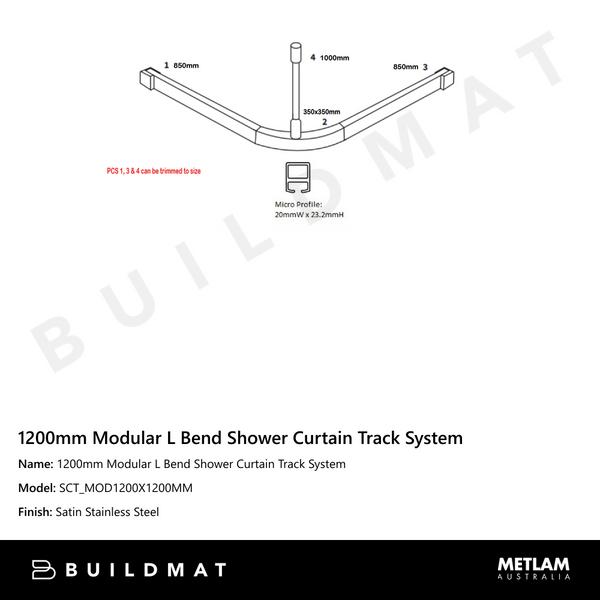 Metlam 1200mm Modular L Bend Shower Curtain Track System
