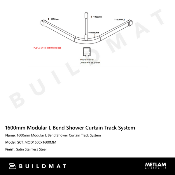 Metlam 1600mm Modular L Bend Shower Curtain Track System
