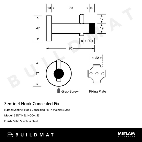 Metlam Sentinel Hook Concealed Fix In Stainless Steel