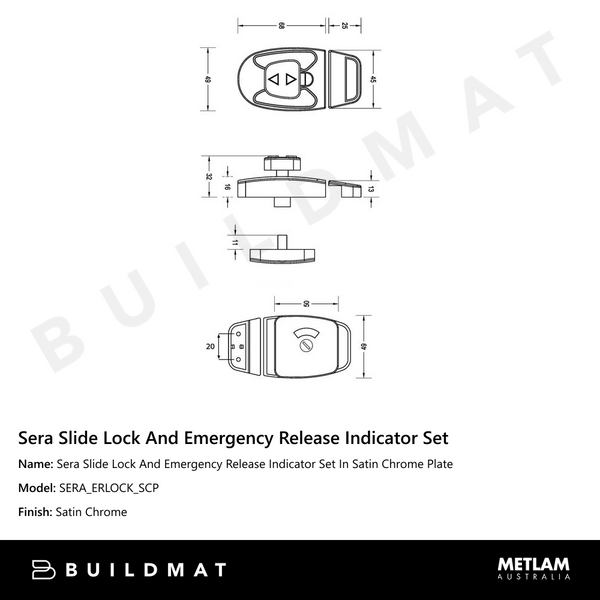Metlam Sera Slide Lock And Emergency Release Indicator Set In Satin Chrome Plate