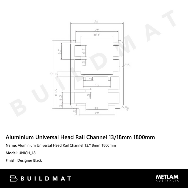 Metlam Aluminium Universal Head Rail Channel 13/18mm 1800mm