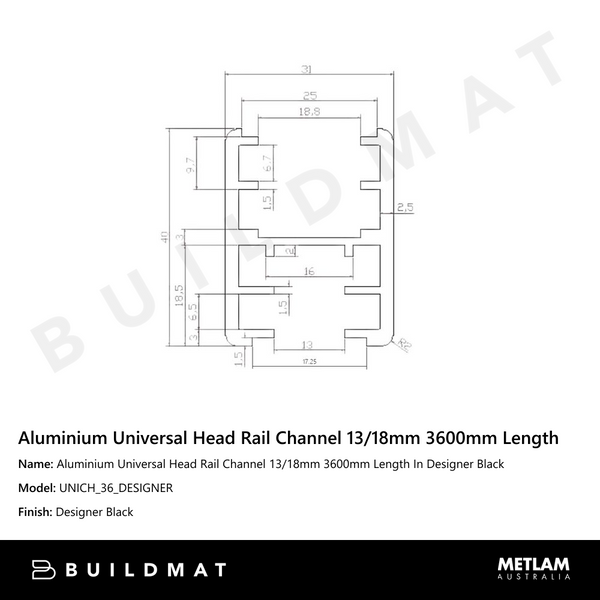 Metlam Aluminium Universal Head Rail Channel 13/18mm 3600mm Length In Designer Black