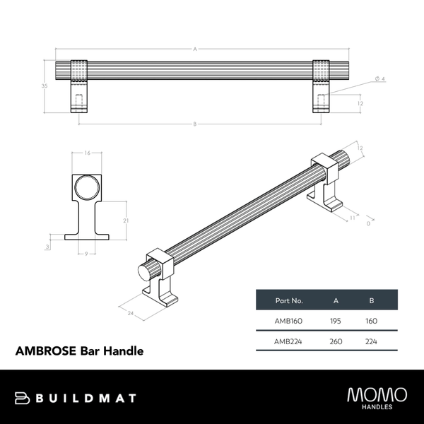 Momo Handles Momo Ambrose Bar Handle 160mm Antique Bronze Matte