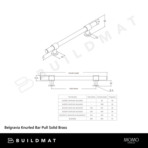 Momo Handles Belgravia Knurled Bar Pull Solid Brass 160mm Dark Bronze