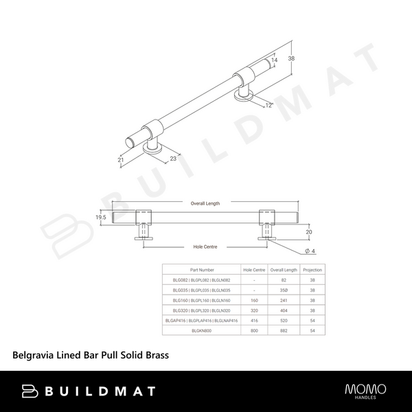 Momo Handles Belgravia Lined Bar Pull Solid Brass 320mm Brushed Satin Brass