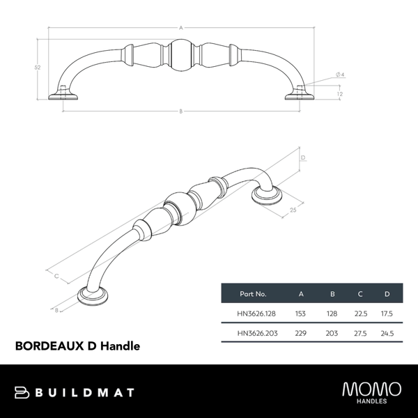 Momo Handles Momo Bordeaux D Handle 128mm Pewter