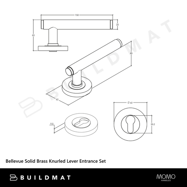 Momo Handles Bellevue Solid Brass Knurled Lever Entrance Set Brushed Satin Brass