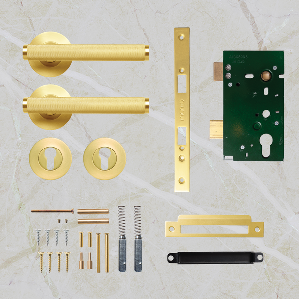 Momo Handles Bellevue Solid Brass Knurled Lever Entrance Set Brushed Satin Brass