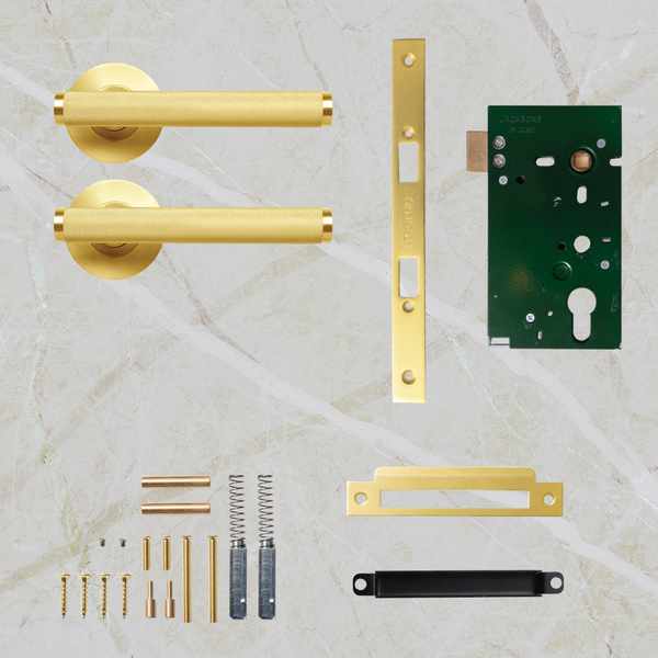 Momo Handles Bellevue Solid Brass Knurled Mortice Lock Passage Lever Set Brushed Satin Brass