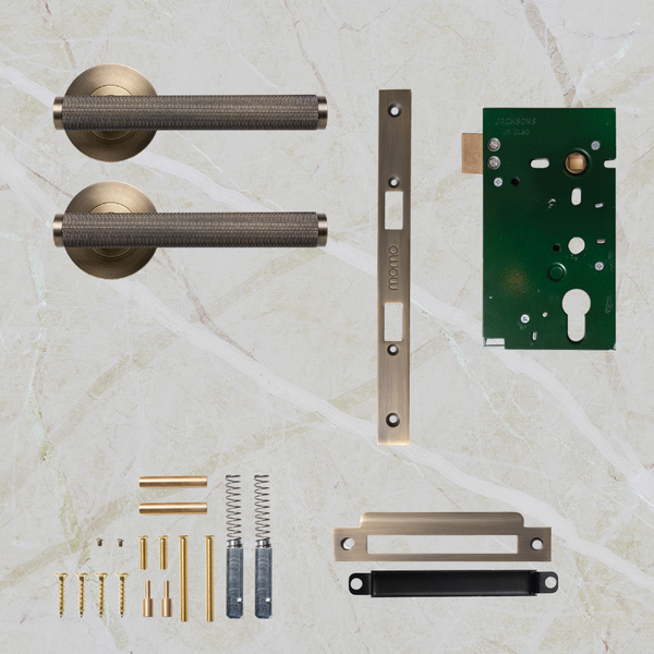 Momo Handles Bellevue Solid Brass Knurled Mortice Lock Passage Lever Set Dark Brushed Brass