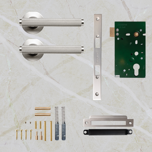 Momo Handles Bellevue Solid Brass Knurled Mortice Lock Passage Lever Set Dull Brushed Nickel