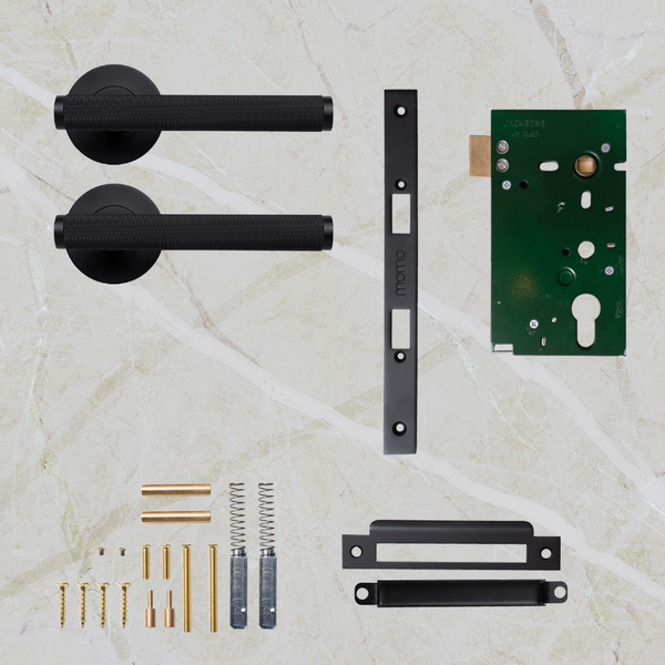 Momo Handles Bellevue Solid Brass Knurled Mortice Lock Passage Lever Set Matte Black