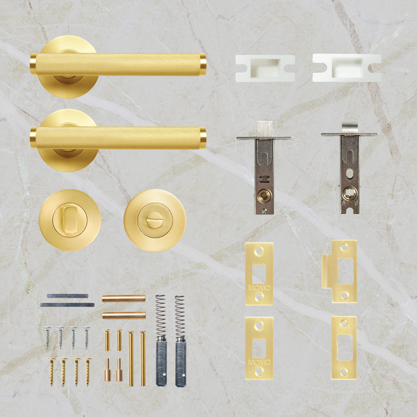 Momo Handles Bellevue Solid Brass Knurled Tubular Latch Privacy Lever Set Brushed Satin Brass