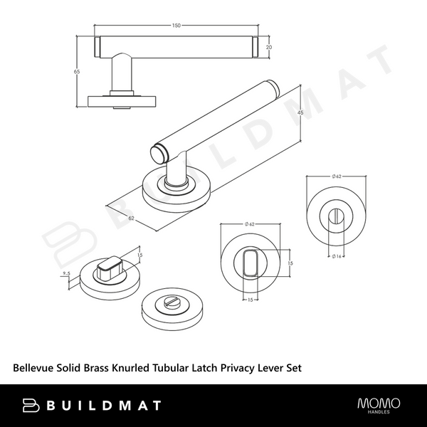 Momo Handles Bellevue Solid Brass Knurled Tubular Latch Privacy Lever Set Matte Black