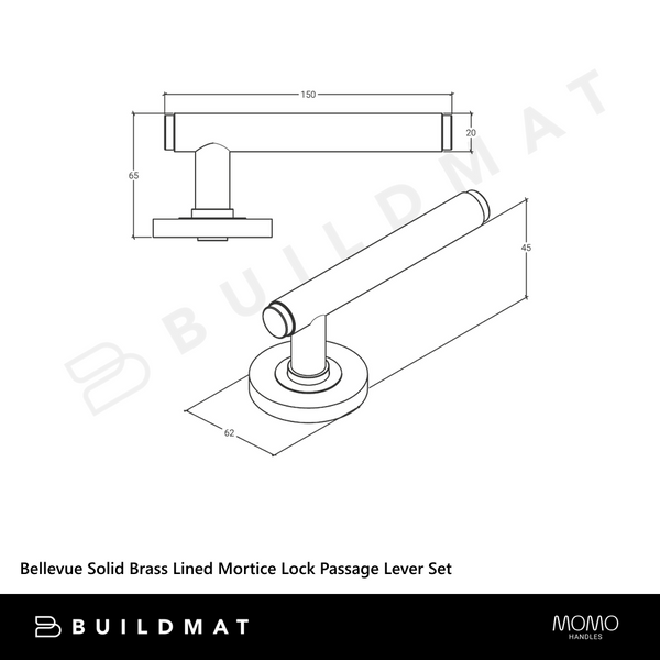 Momo Handles Bellevue Solid Brass Lined Mortice Lock Passage Lever Set Dull Brushed Nickel