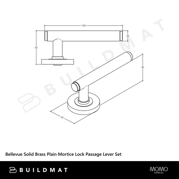 Momo Handles Bellevue Solid Brass Plain Mortice Lock Passage Lever Set Brushed Satin Brass