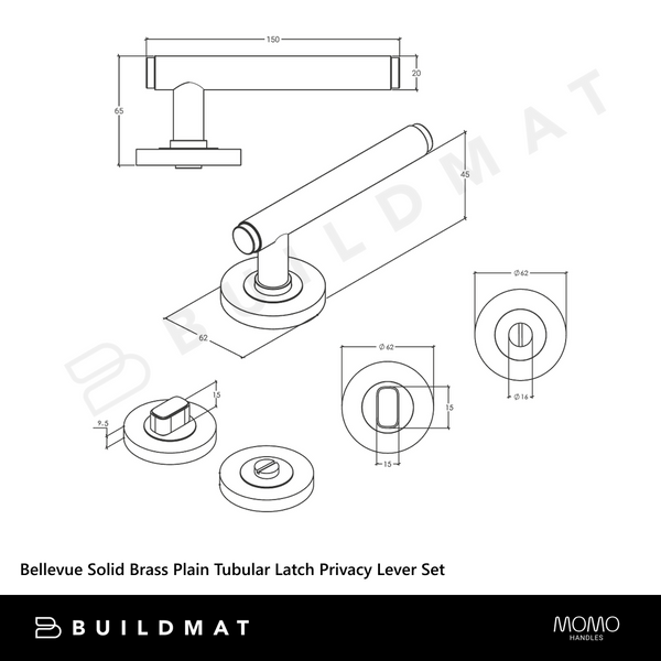 Momo Handles Bellevue Solid Brass Plain Tubular Latch Privacy Lever Set Brushed Satin Brass