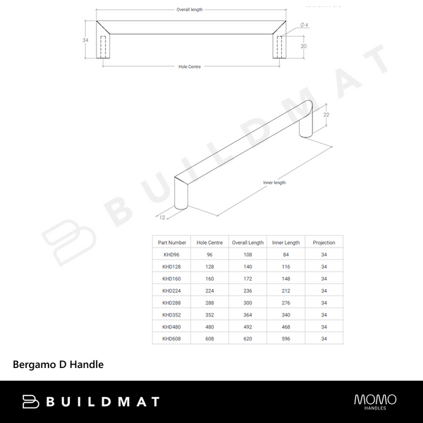 Momo Handles Bergamo D Handle 288mm Stainless Steel
