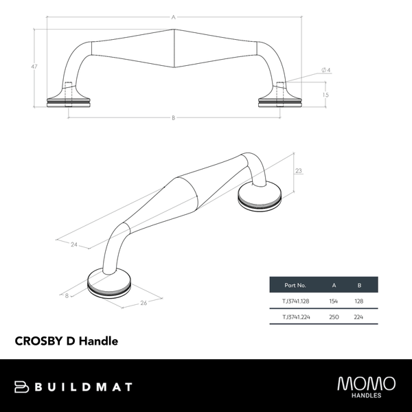 Momo Handles Momo Crosby D Handle 224mm Pewter