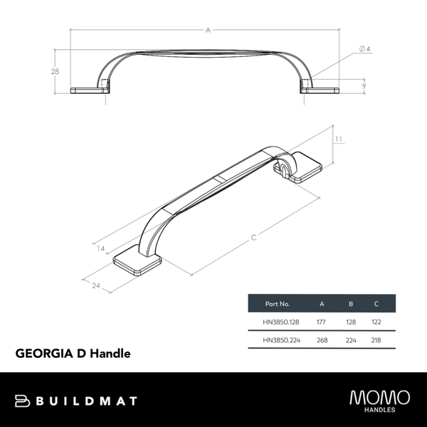 Momo Handles Momo Georgia D Handle 224mm Brushed Nickel