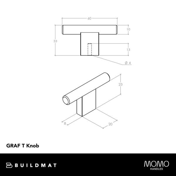 Momo Handles Momo Graf Knurled T Knob 60mm Dull Brushed Nickel