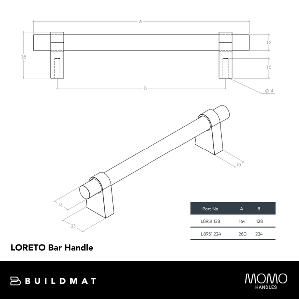 Momo Handles Momo Loreto Bar Pull 128mm Brushed Matte Brass