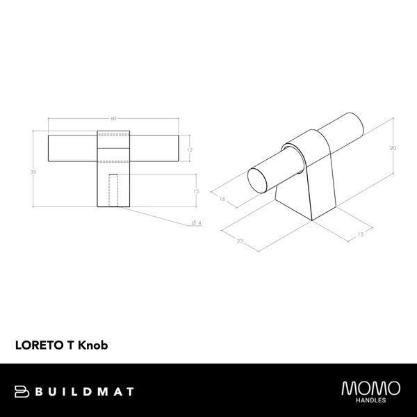 Momo Handles Momo Loreto T Knob 60mm Brushed Matte Brass